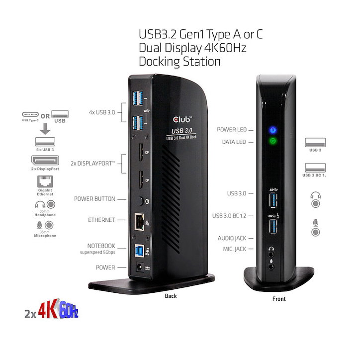 Club 3D USB 3.2 Docking Station 4K 60Hz 6xUSB3 2xDP LAN Audio Negro Club 3D USB 3.2 Docking Station 4K 60Hz 6xUSB3 2xDP LAN Audio Negro