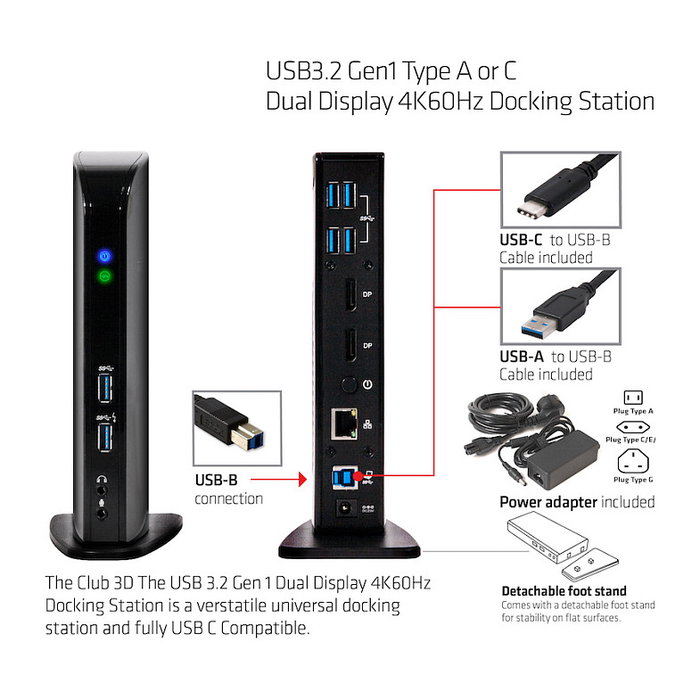 Club 3D USB 3.2 Docking Station 4K 60Hz 6xUSB3 2xDP LAN Audio Negro Club 3D USB 3.2 Docking Station 4K 60Hz 6xUSB3 2xDP LAN Audio Negro