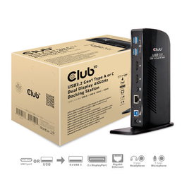 CLUB-3D SenseVision Estación de Acoplamiento USB 3.0 Dual Display 4K 60Hz CSV-1460 - 2 DisplayPort, 6 USB, Gigabit Ethernet, compatible con USB-C - Negro