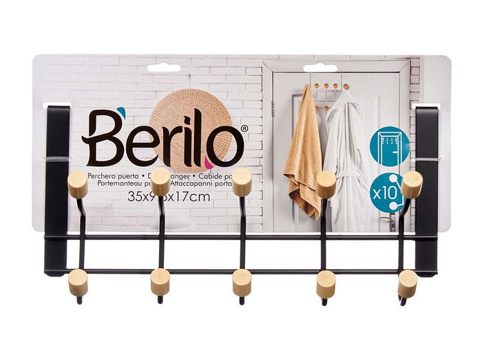 Berilo Percha Metal Negro 10 Ganchos Madera 35x17x15 cm (Set de 6)