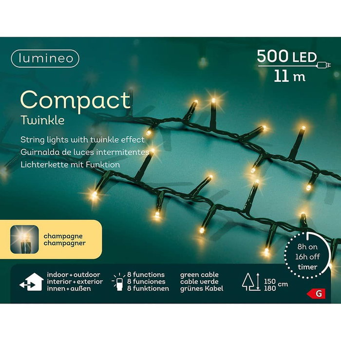 Lumineo Guirnalda de LEDs 500 Luces Compactas Oro, 16 m, Mando 8 Funciones, Temporizador, IP44, para Árbol de Navidad 150-180 cm, Cable Verde 5 m