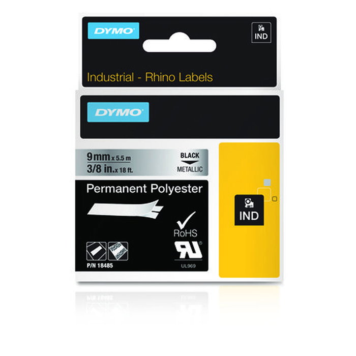 Dymo Rhino Cinta ID1-9 Negro sobre Plata 9mm x 5,5m