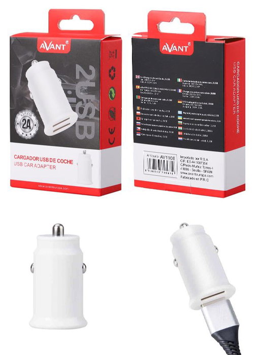 AVANT CONNECT Adaptador de Coche para Cargador de Coche, 2 Puertos USB, 2 Amp, Color Blanco, Compatible con Teléfonos y Tablets