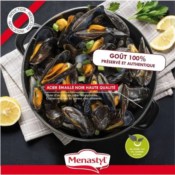 Menastyl 3645562 Olla para Mejillones Acero Esmaltado Negro 18 cm 2,7 Litros Apto para Todo Tipo de Fuegos Inducción