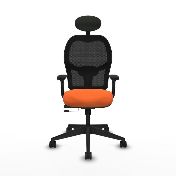 Silla de oficina Alocén con mecanismo Sincro/Traslack tapizada con Tela color Naranja y malla color Negro. Equipada con lumbar 1D, Brazos 2D, Cabecero Fijo y Ruedas 65mm nailon