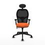 Silla de oficina Alocén con mecanismo Sincro/Traslack tapizada con Tela color Naranja y malla color Negro. Equipada con lumbar 1D, Brazos 2D, Cabecero Fijo y Ruedas 65mm nailon