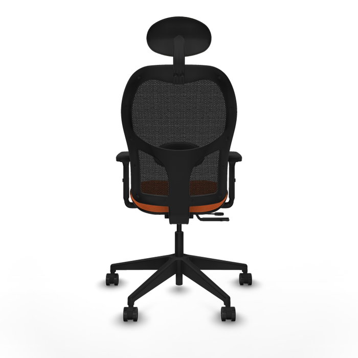 Silla de oficina Alocén con mecanismo Sincro/Traslack tapizada con Tela color Naranja y malla color Negro. Equipada con lumbar 1D, Brazos 2D, Cabecero Fijo y Ruedas 65mm nailon