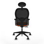 Silla de oficina Alocén con mecanismo Sincro/Traslack tapizada con Tela color Naranja y malla color Negro. Equipada con lumbar 1D, Brazos 2D, Cabecero Fijo y Ruedas 65mm nailon