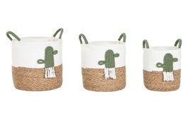 DKD Home Decor Cesta Boho Blanco Verde, Set de 3 Unidades (2 Sets), 38 x 49 x 38 cm, Fibra y Algodón