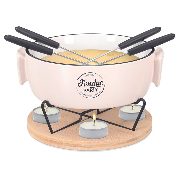 Cook Concept Fondue Para 4 Personas Table En Fête con 4 pinchos, olla cerámica y bandeja bambú