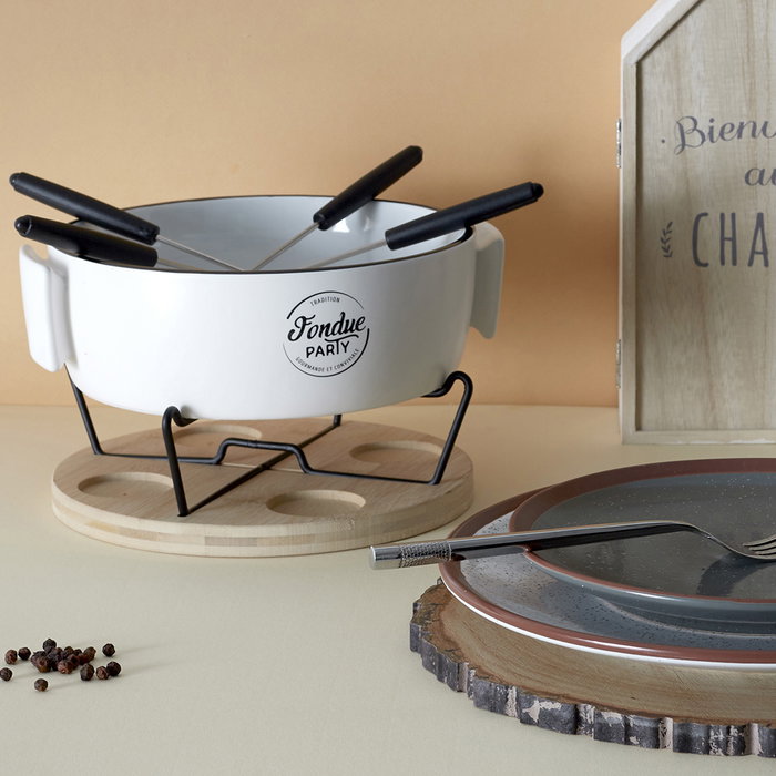 Cook Concept Fondue Para 4 Personas Table En Fête con 4 pinchos, olla cerámica y bandeja bambú