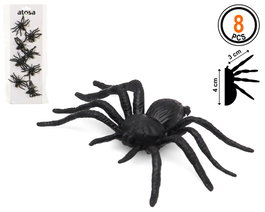 Accesorio Decoracion Halloween - Pack de 8 Aranas de Plastico Negro 4 x 3 cm para Fiestas Tematicas y Casas Encantadas