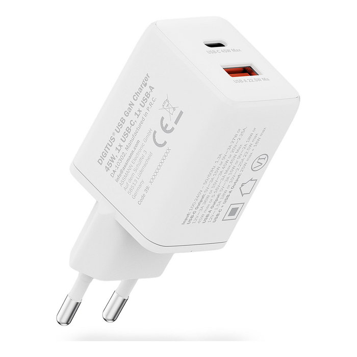 Digitus Cargador USB GaN 45W, 2 Puertos (1 USB-C + 1 USB-A), Carga Rápida, 100-240V, Blanco