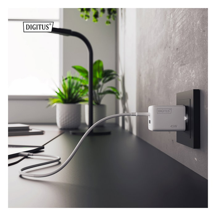 Digitus Cargador USB GaN 45W, 2 Puertos (1 USB-C + 1 USB-A), Carga Rápida, 100-240V, Blanco