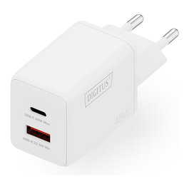 Digitus Cargador USB GaN 45W, 2 Puertos (1 USB-C + 1 USB-A), Carga Rápida, 100-240V, Blanco