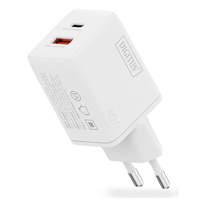 Digitus Cargador USB GaN 45W, 2 Puertos (1 USB-C + 1 USB-A), Carga Rápida, 100-240V, Blanco