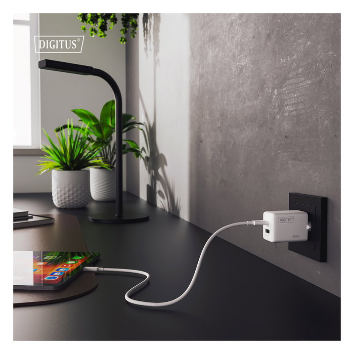 Digitus Cargador USB GaN 45W, 2 Puertos (1 USB-C + 1 USB-A), Carga Rápida, 100-240V, Blanco