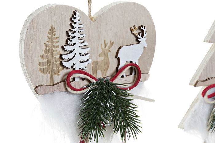 DKD Home Decor Colgante Decorativo Natural Blanco MDF Poliéster Corazón Árbol Pino Reno 4 x 12 x 12 cm (12 Unidades)