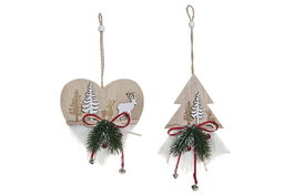 DKD Home Decor Colgante Decorativo Natural Blanco MDF Poliéster Corazón Árbol Pino Reno 4 x 12 x 12 cm (12 Unidades)