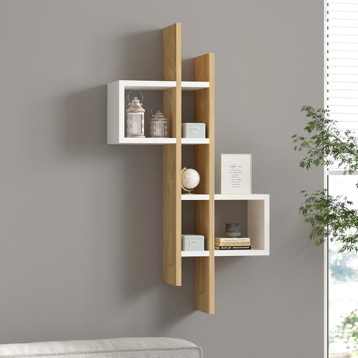 Emse Estantería de Pared Sapphire Oak, White - Moderna y Novedosa Estantería de Pared con Múltiples Estantes, Roble Zafiro y Blanco, 53.8x108x19.6 cm