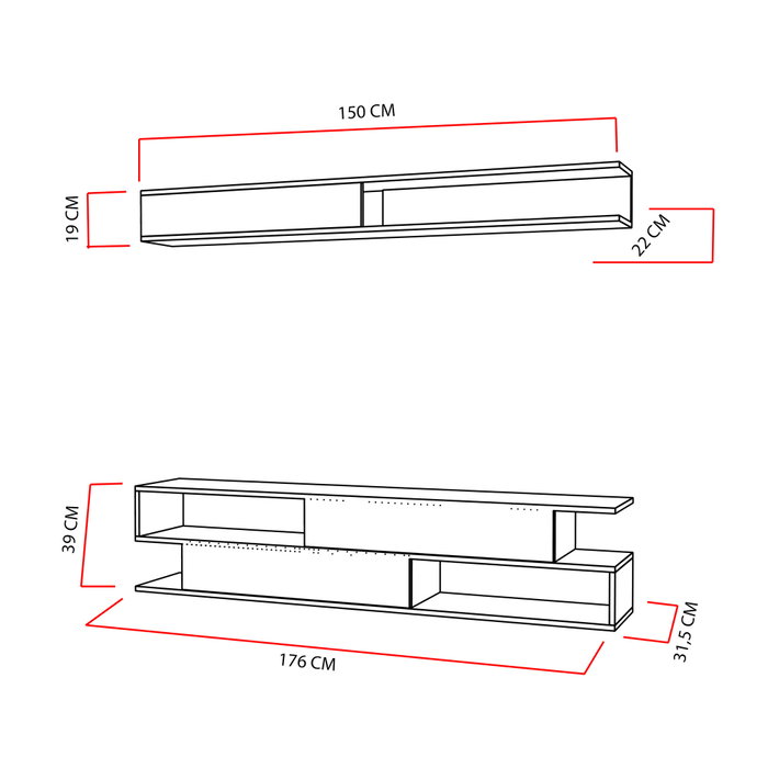Hanah Home Mueble de TV Moderno Escandinavo Blanco y Negro 176cm, Estantería de Pared 150cm