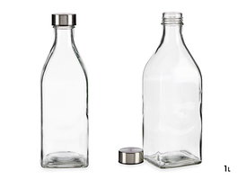 Vivalto Botella de Vidrio Cuadrada con Tapon de Acero Inoxidable 1 Litro 1000ml, Capacidad 1L Transparente, Dimensiones 8.5x25.5x8.5 cm (Set de 12)