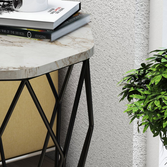 Hanah Home Mesa Auxiliar Sofya White Marble 46x57x46cm Tablero de Partículas Recubierto de Melamina Patas Metal Color Antracita