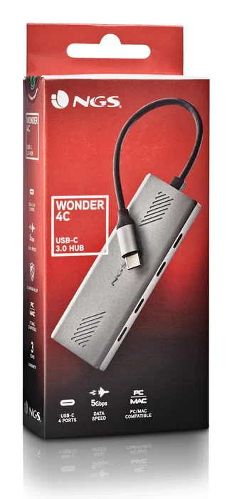 NGS WONDER4-C Hub USB-C 4 Puertos, Aluminio, 5 Gbps, Compatible con Mac/PC/Tablets