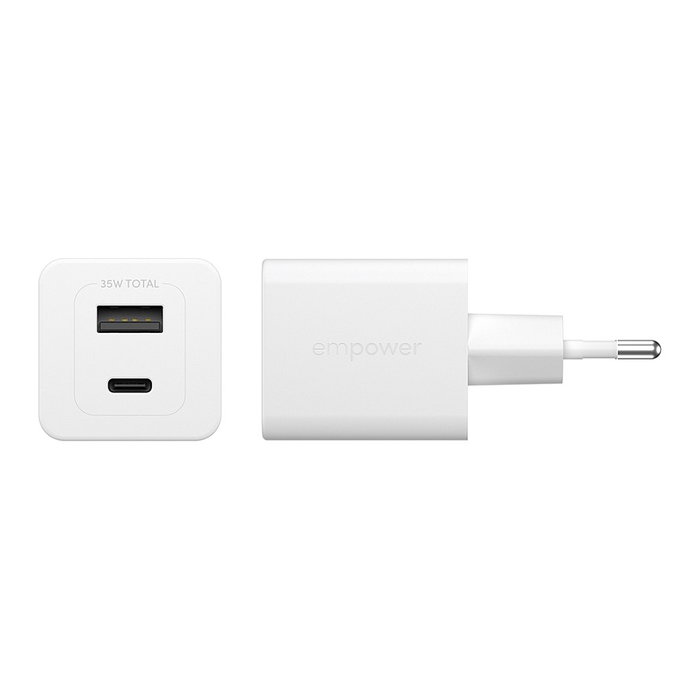 PanzerGlass Turbo Cargador Rápido GaN 35W con Puerto USB-C y USB-A, Incluye Cable USB-C, Color Blanco, Enchufe UE