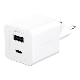 PanzerGlass Turbo Cargador Rápido GaN 35W con Puerto USB-C y USB-A, Incluye Cable USB-C, Color Blanco, Enchufe UE