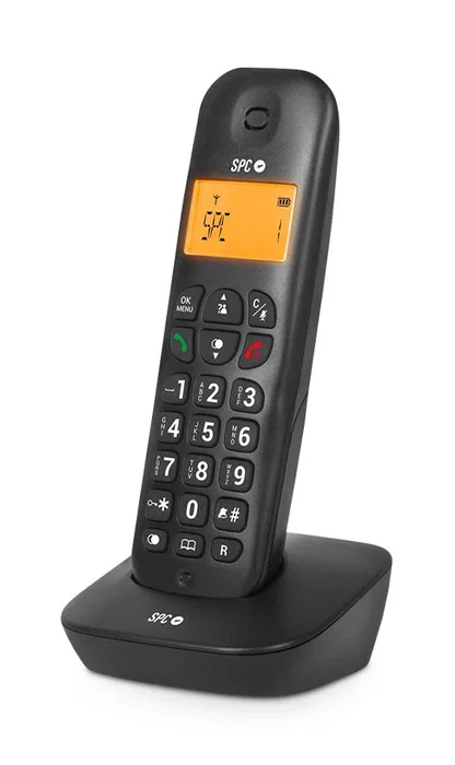 SPC Teléfono Inalámbrico Analógico AIR con Identificador de Llamadas, Pantalla Ámbar, Agenda 20 Contactos, Compatible GAP, Modo Eco y Búsqueda desde Base - Negro