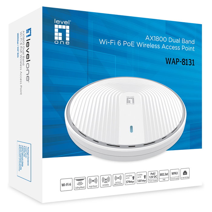 Level One WAP-8131 Access Point Dual Band WiFi 6 AX1800 PoE Inalámbrico 1800 Mbit/s