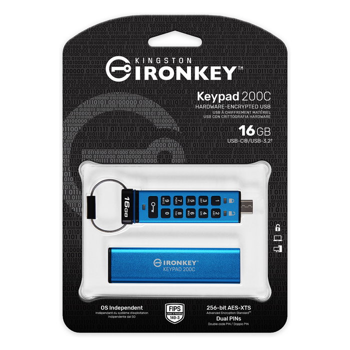 Kingston IronKey Keypad 200C 16GB USB-C 3.2 Gen 1 Unidad Flash Cifrada AES-256 FIPS 140-3 Azul