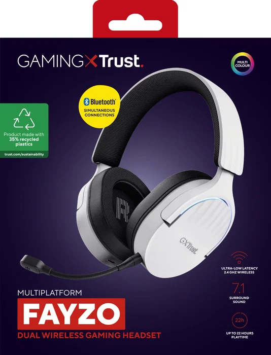 Trust Auriculares Gaming Inalámbricos GXT 491 FAYZO Diadema Dual USB-C/Bluetooth/3.5mm Sonido 7.1 Virtual Micrófono Desmontable con Cancelación de Ruido Blanco y Negro