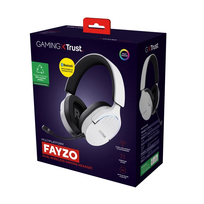 Trust Auriculares Gaming Inalámbricos GXT 491 FAYZO Diadema Dual USB-C/Bluetooth/3.5mm Sonido 7.1 Virtual Micrófono Desmontable con Cancelación de Ruido Blanco y Negro