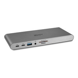 LINDY 43349 DST-Pro 5K XT Docking Station USB-C 100W para Laptop, Triple Pantalla 5K, HDMI 2.0, DisplayPort 1.4, Ethernet Gigabit, Lector Tarjetas SD, Aluminio Plata