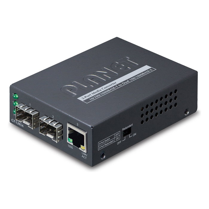 Planet GT-1205A Convertidor de medios Gigabit SFP (1 puerto RJ-45 a 2 ranuras SFP) Planet GT-1205A Convertidor de medios Gigabit SFP (1 puerto RJ-45 a 2 ranuras SFP)