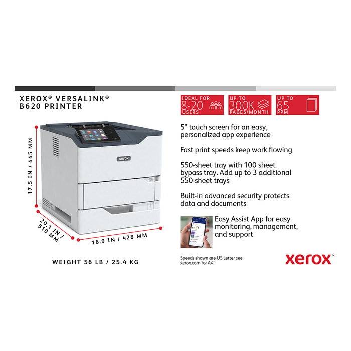 Xerox Impresora Láser Monocromo VersaLink B620V_DN, 61 ppm, Duplex Automático, Gigabit Ethernet, Pantalla Táctil 5"