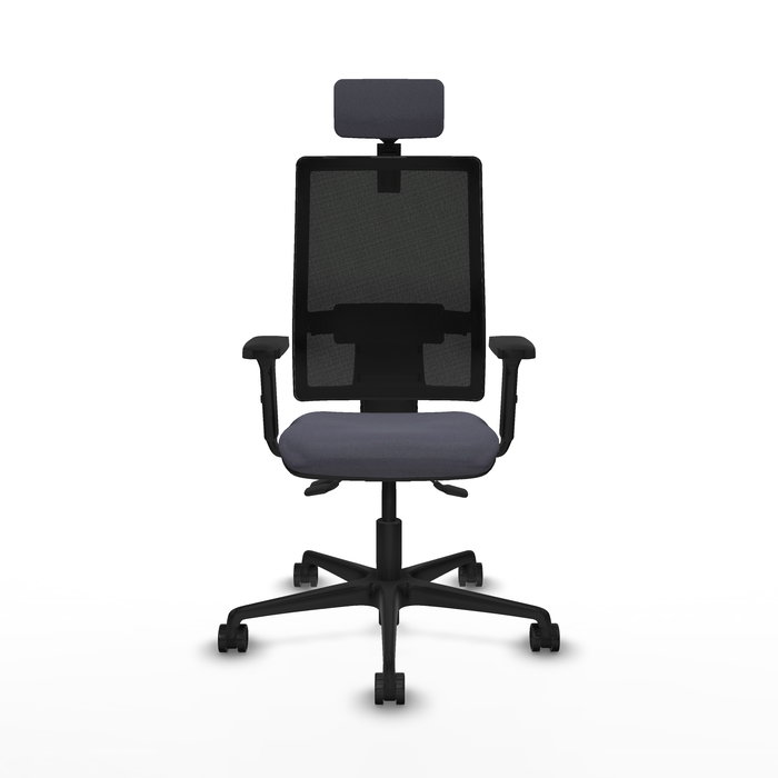 Silla de oficina Bormate con mecanismo Asincro tapizada con Tela color Gris oscuro y malla color Negro. Equipada con lumbar 1D, Brazos 2D, Cabecero 2D y Ruedas 65mm nailon