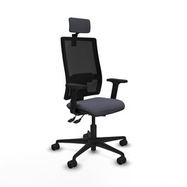 Silla de oficina Bormate con mecanismo Asincro tapizada con Tela color Gris oscuro y malla color Negro. Equipada con lumbar 1D, Brazos 2D, Cabecero 2D y Ruedas 65mm nailon