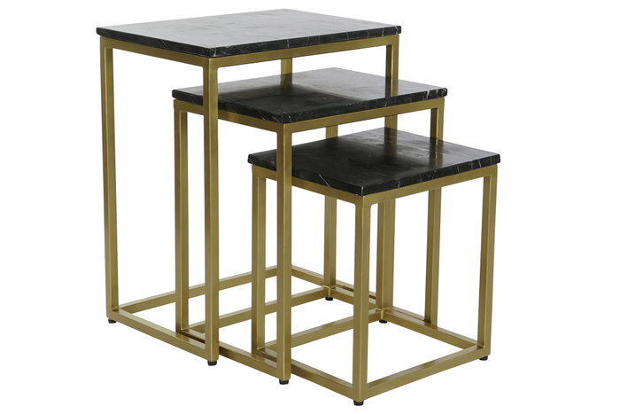 DKD Home Decor Set de 3 Mesitas Auxiliares de Mármol y Hierro Negro y Dorado