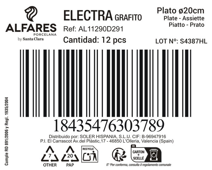 Alfares Plato Hondo Electra Grafito 20cm