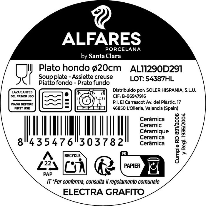 Alfares Plato Hondo Electra Grafito 20cm