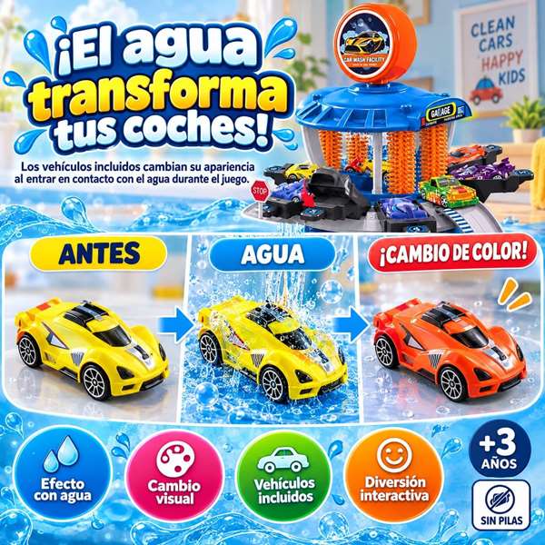 JugaToys Centro de lavado de coches con coches que cambian de color con el agua