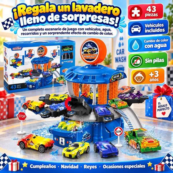JugaToys Centro de lavado de coches con coches que cambian de color con el agua