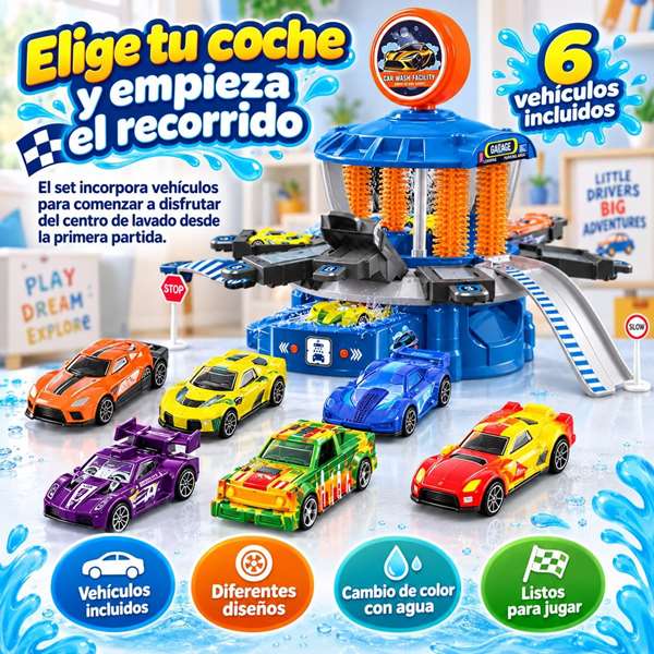 JugaToys Centro de lavado de coches con coches que cambian de color con el agua