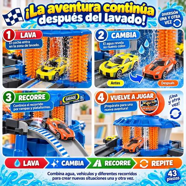 JugaToys Centro de lavado de coches con coches que cambian de color con el agua
