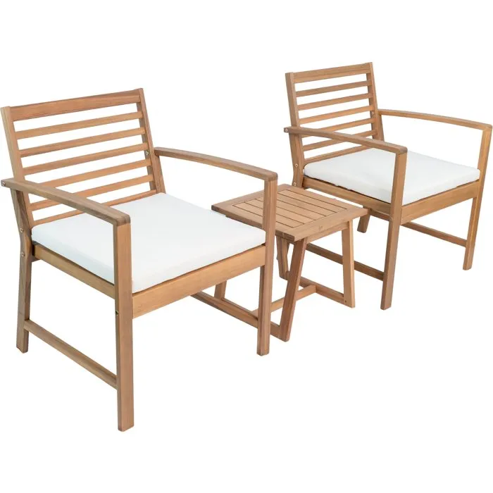 Cali - Juego de Jardín de Madera de Acacia FSC con Cojines de Poliéster para 2 Personas, Incluye 2 Sillones y Mesa