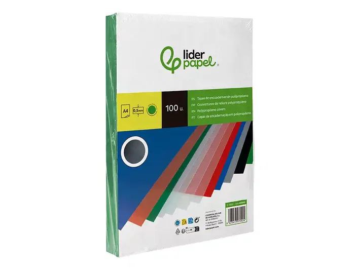 Liderpapel Tapas para Encuadernacion Polipropileno A4 0.5mm Verde Opaco Paquete 100 Unidades