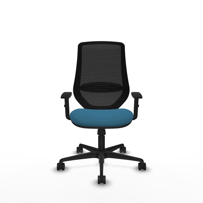 Silla de oficina Mardos con mecanismo Sincro tapizada con Tela color Verde petróleo y malla color Negro. Equipada con lumbar 1D, Brazos 1D y Ruedas 65mm nailon